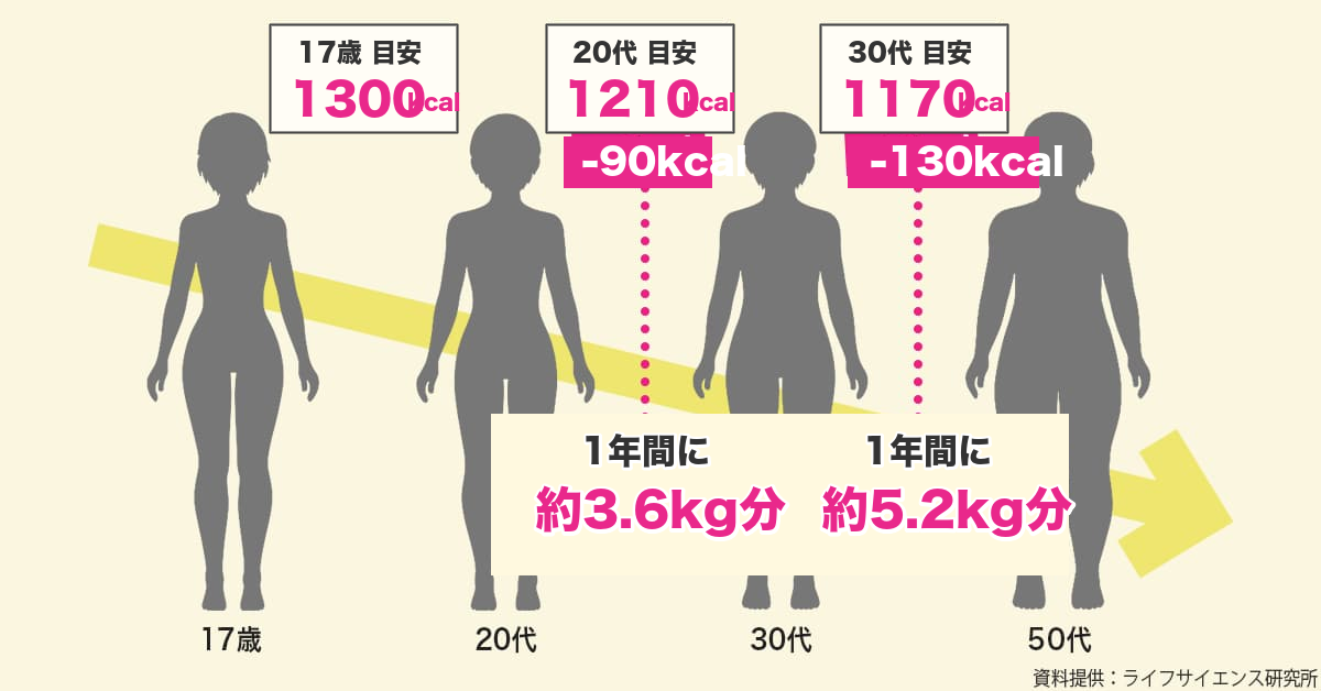 年代別の基礎代謝量の目安と差を強調したバナー
